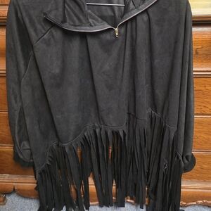 Black Fringe Hooded Cape Jacket - Women
